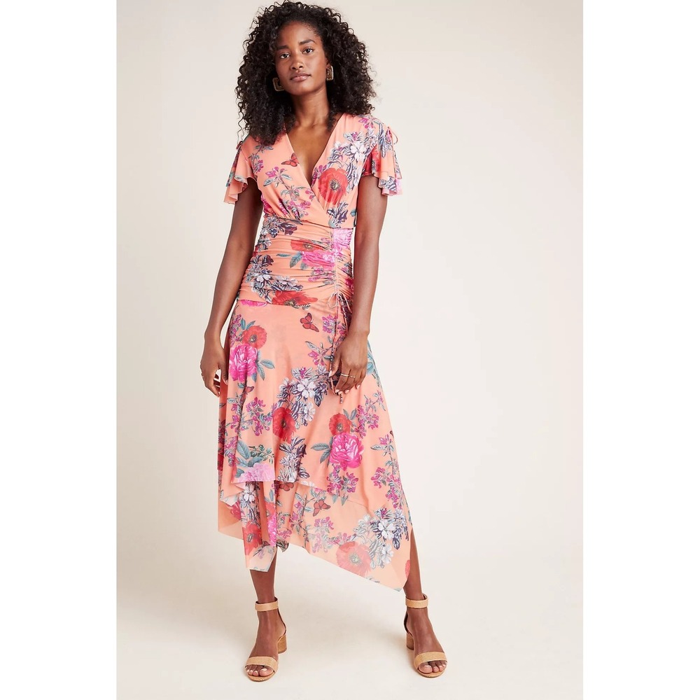 Maeve‎ Anthropologie Simone Floral Butterfly Ruched Wrap Midi Dress Coral Pink M